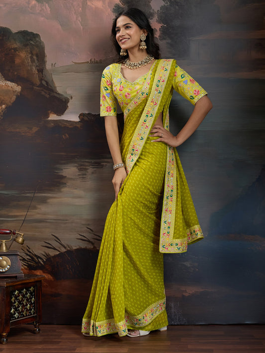 Green Light Bandhani Georgette Printed Saree