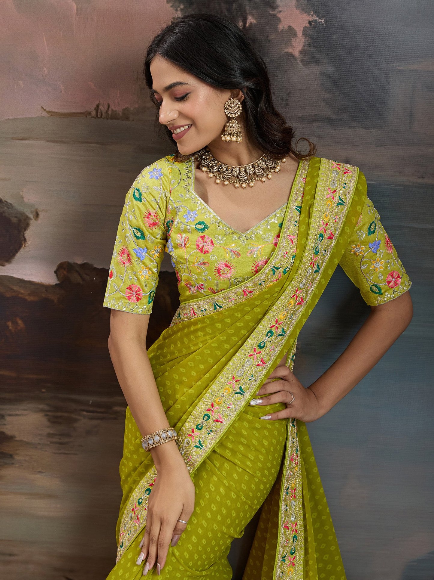 Light Bandhani Georgette Printed Saree