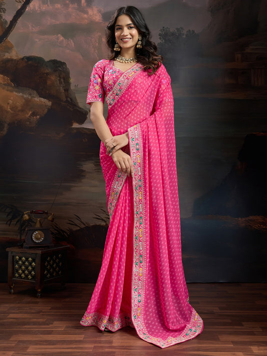 Pink Pink Bandhani Georgette Printed Saree