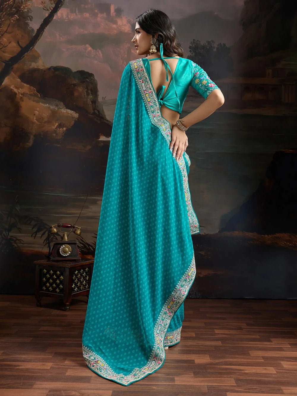 Teal Blue Bandhani Georgette Printed Saree - The Dori Store