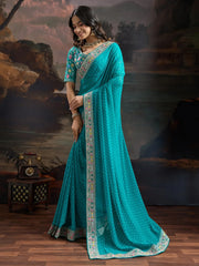 Teal Blue Bandhani Georgette Printed Saree - The Dori Store