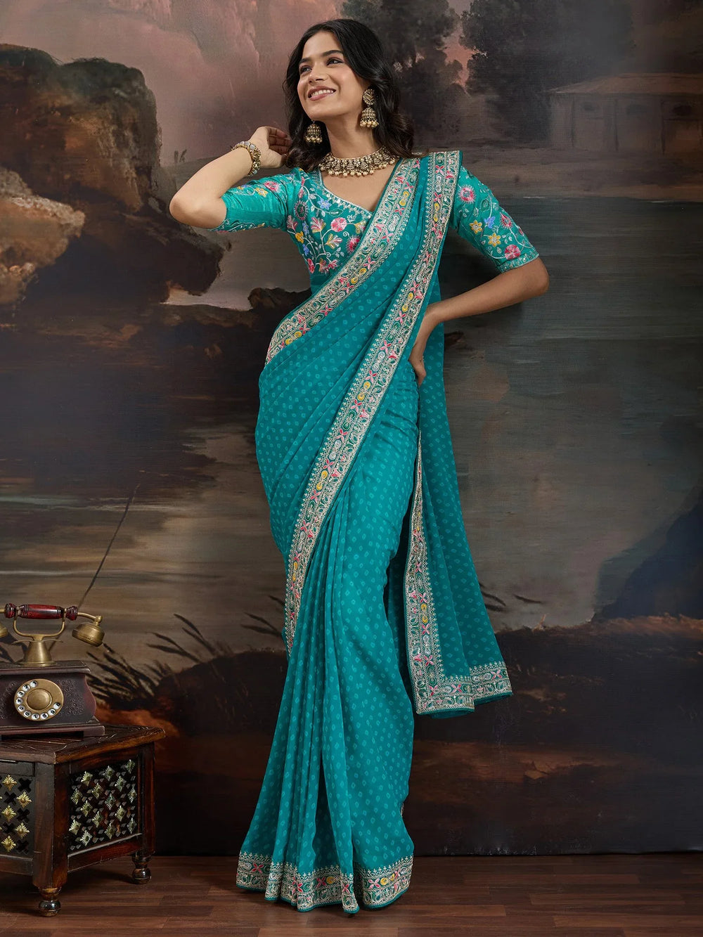 Teal Blue Bandhani Georgette Printed Saree - The Dori Store