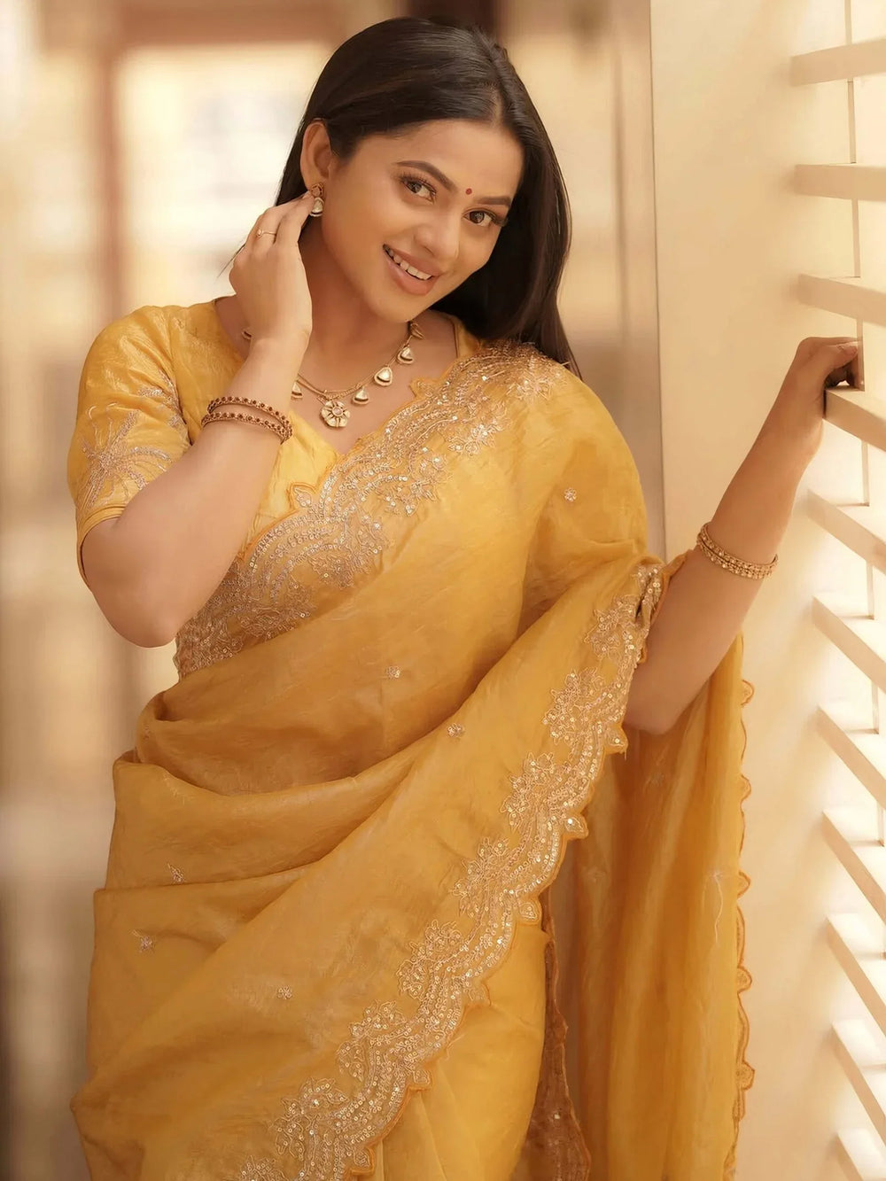 Yellow Party Wear Tissue Embellished Saree - The Dori Store