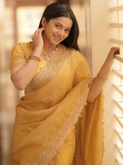 Yellow Party Wear Tissue Embellished Saree - The Dori Store