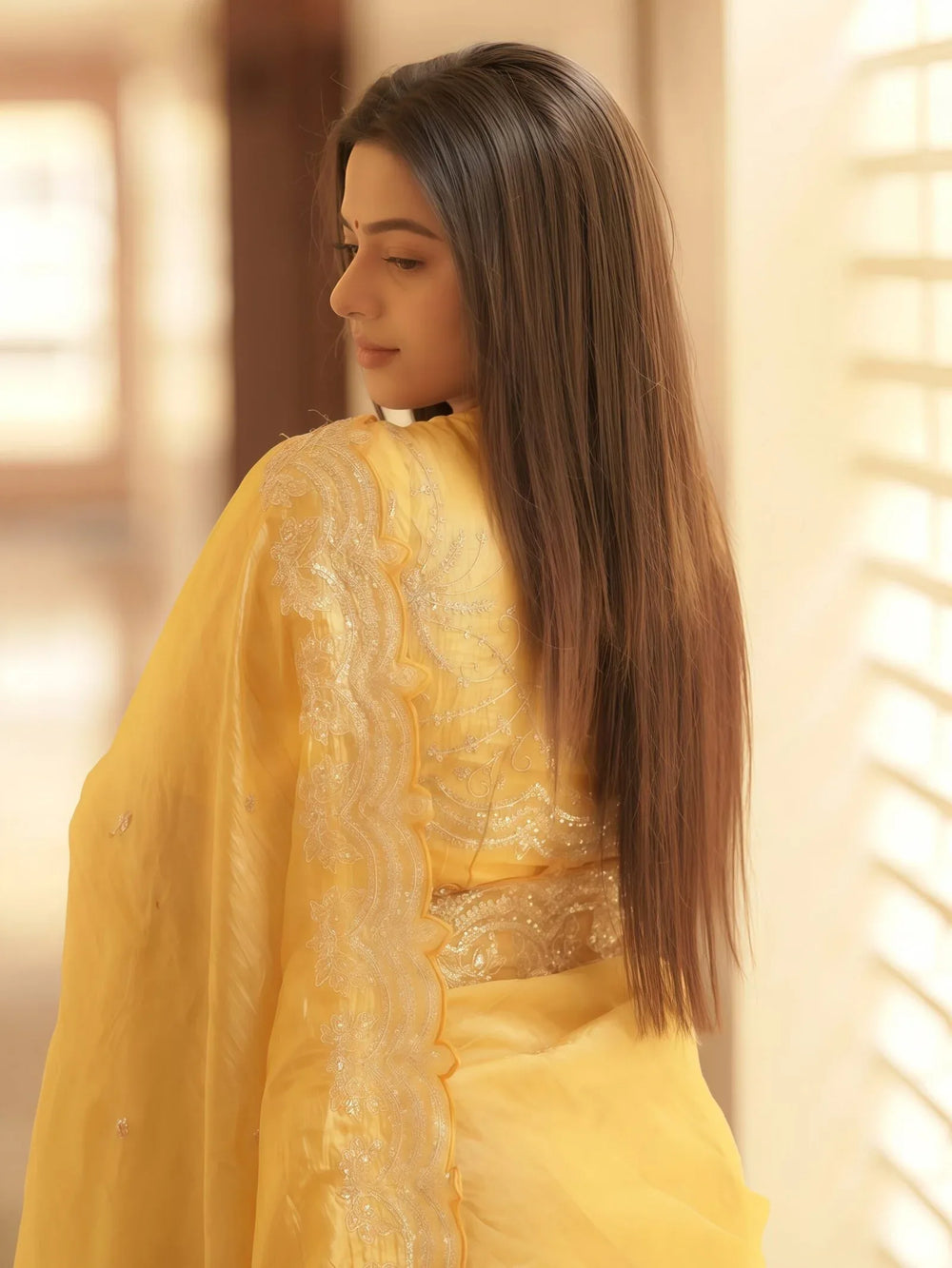 Yellow Party Wear Tissue Embellished Saree - The Dori Store