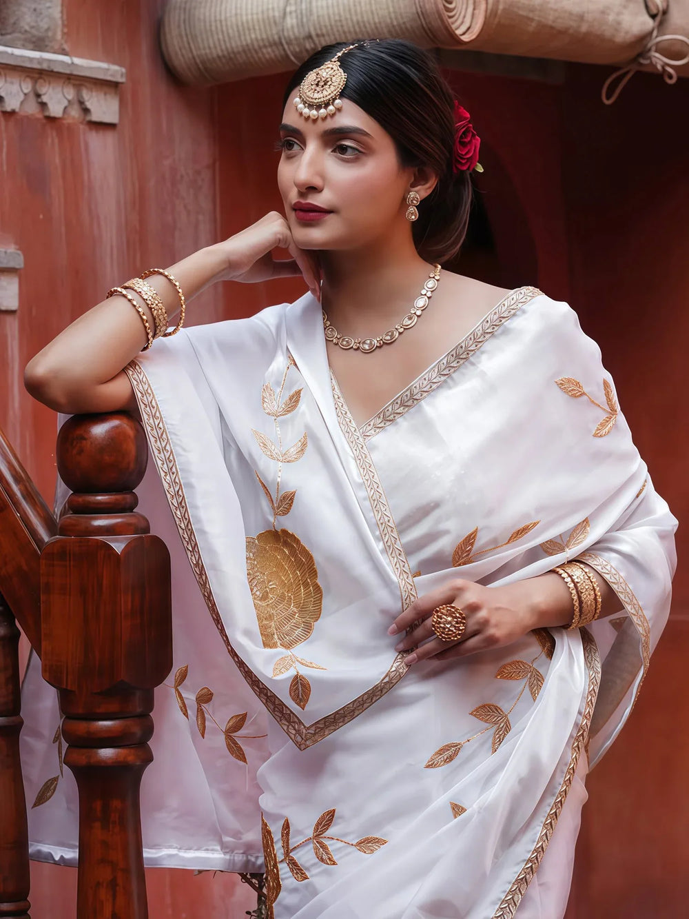 White Party Wear Georgette Embellished Saree - The Dori Store