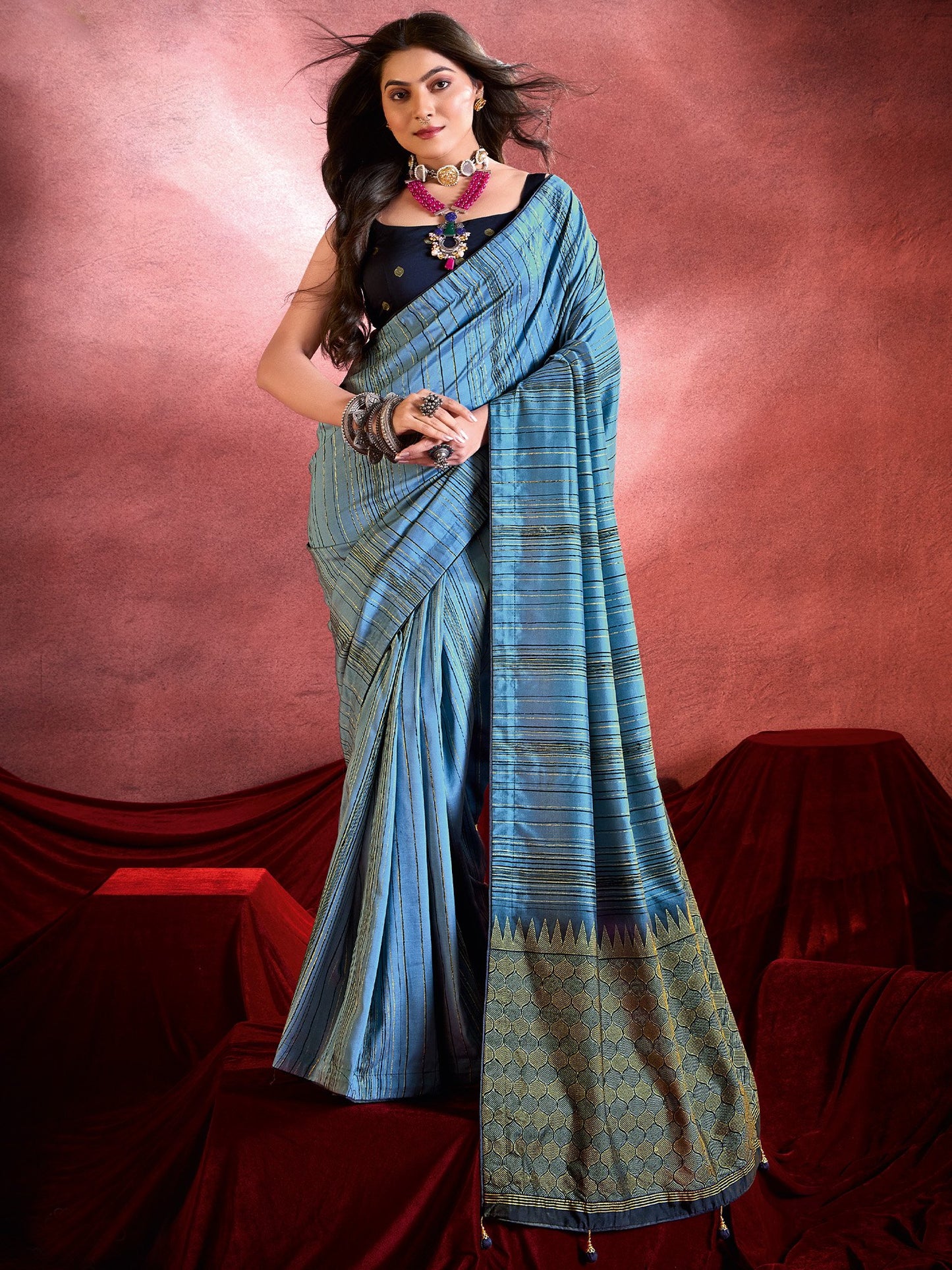 Blue Light Tussar Tussar Silk Printed Saree