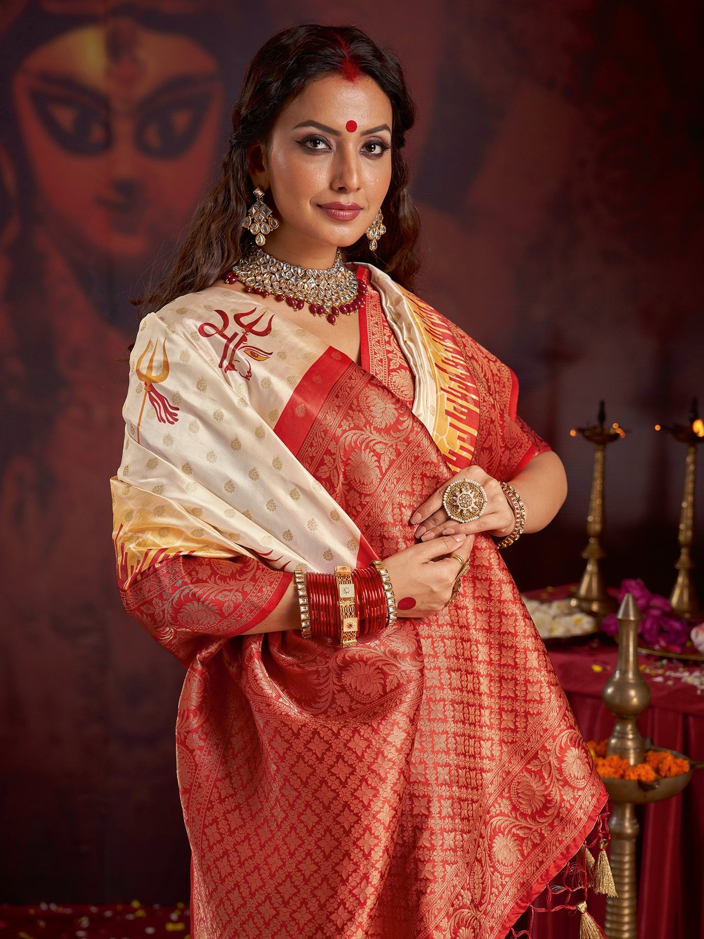 Off Baluchari Satin Silk Woven Saree
