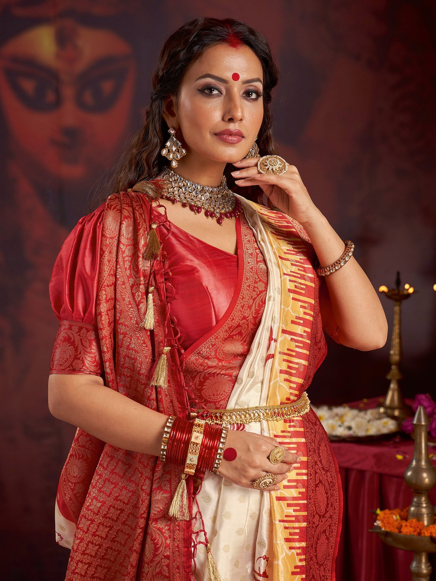 Off Baluchari Satin Silk Woven Saree