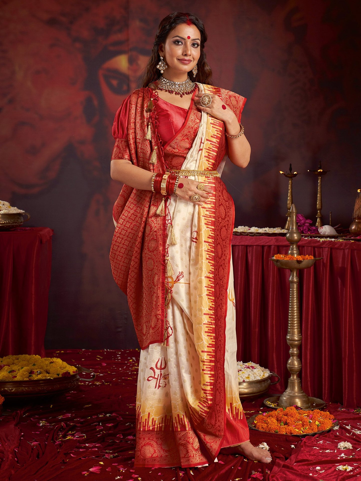 White Off Baluchari Satin Silk Woven Saree