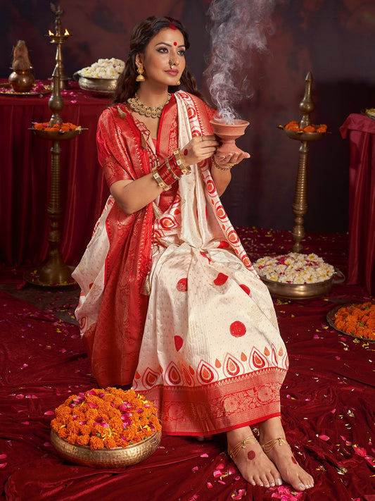 White Off Baluchari Satin Silk Woven Saree