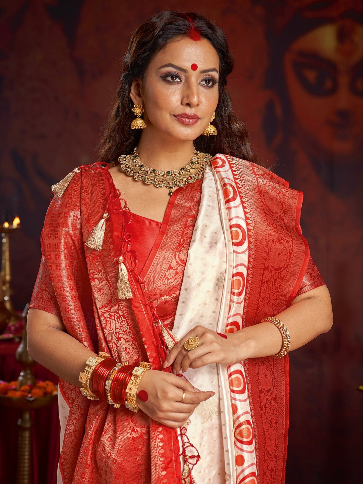 Off Baluchari Satin Silk Woven Saree