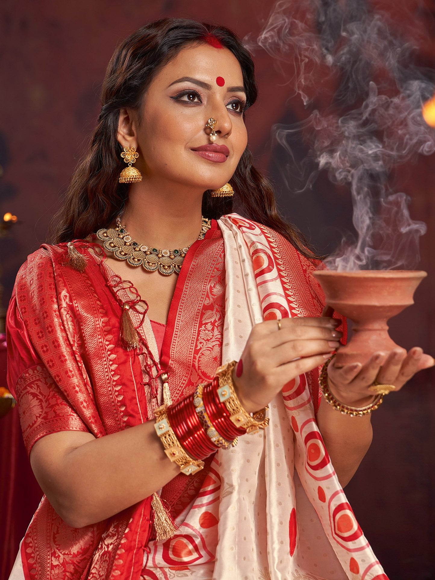 Off Baluchari Satin Silk Woven Saree