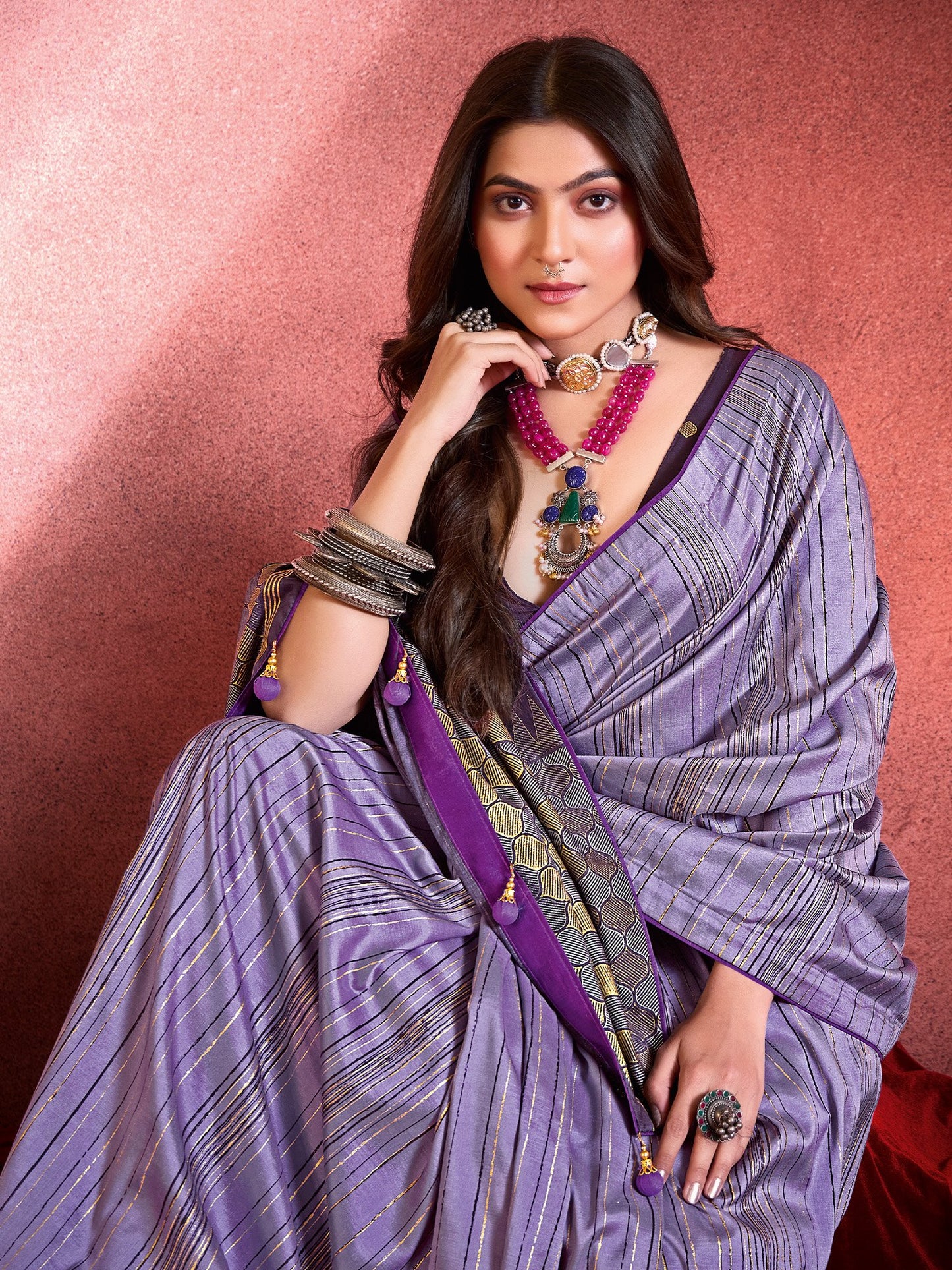 Lavendar Tussar Tussar Silk Printed Saree