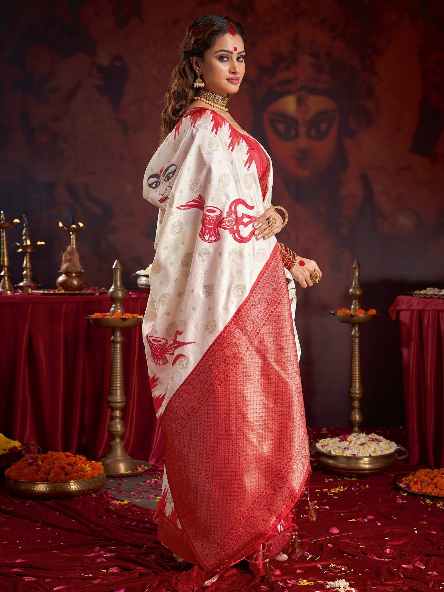 Off Baluchari Satin Silk Woven Saree