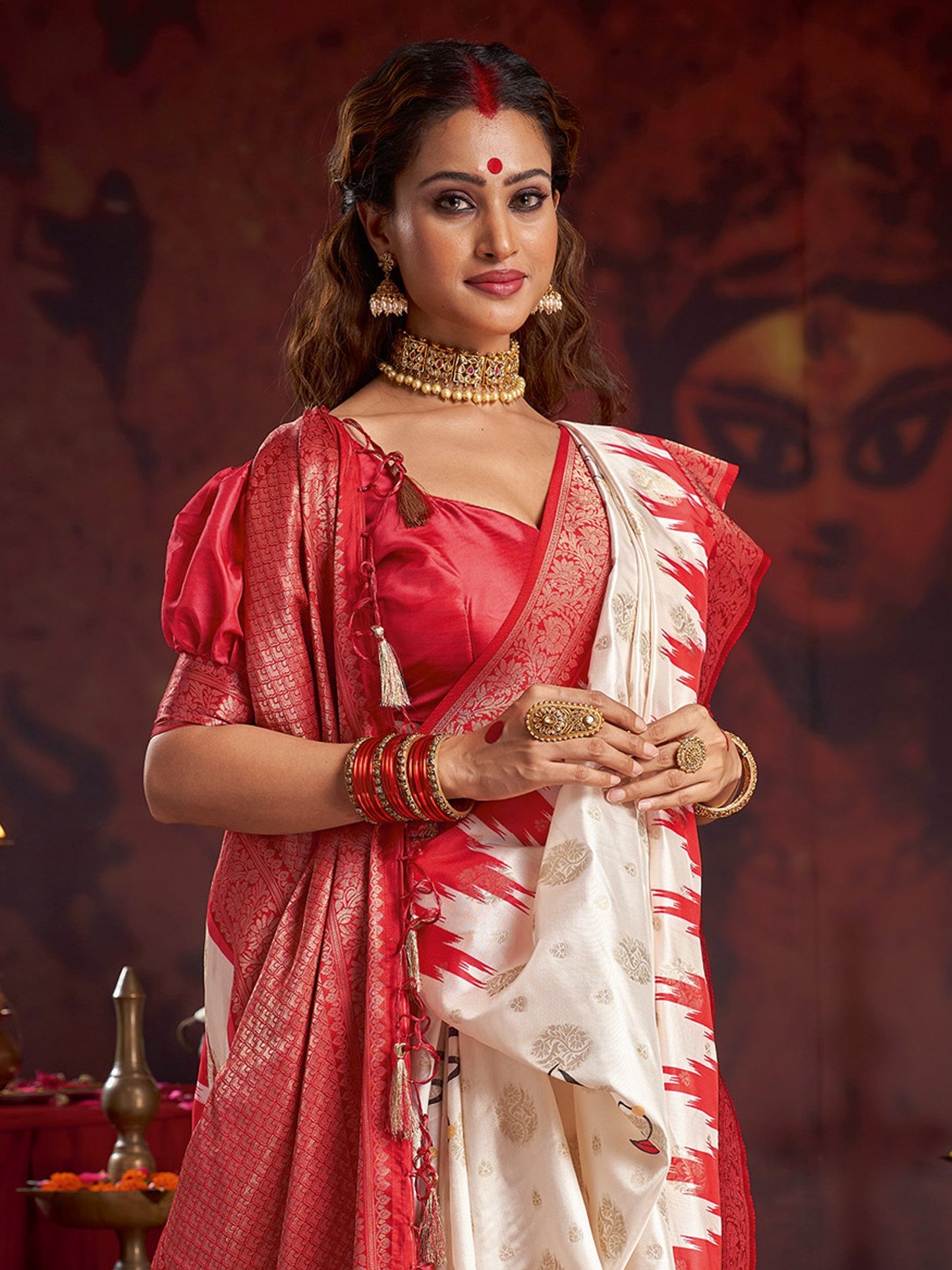 Off Baluchari Satin Silk Woven Saree