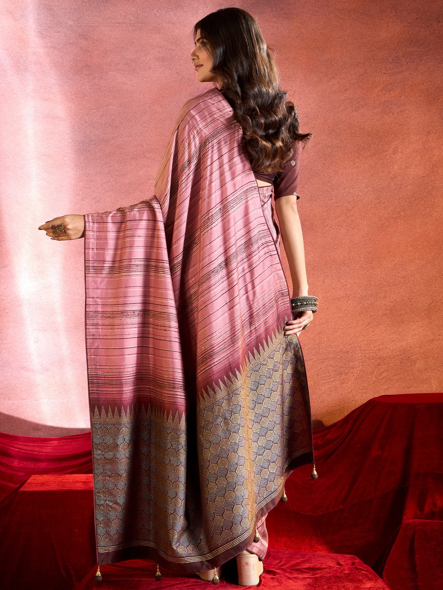 Peach Tussar Tussar Silk Printed Saree