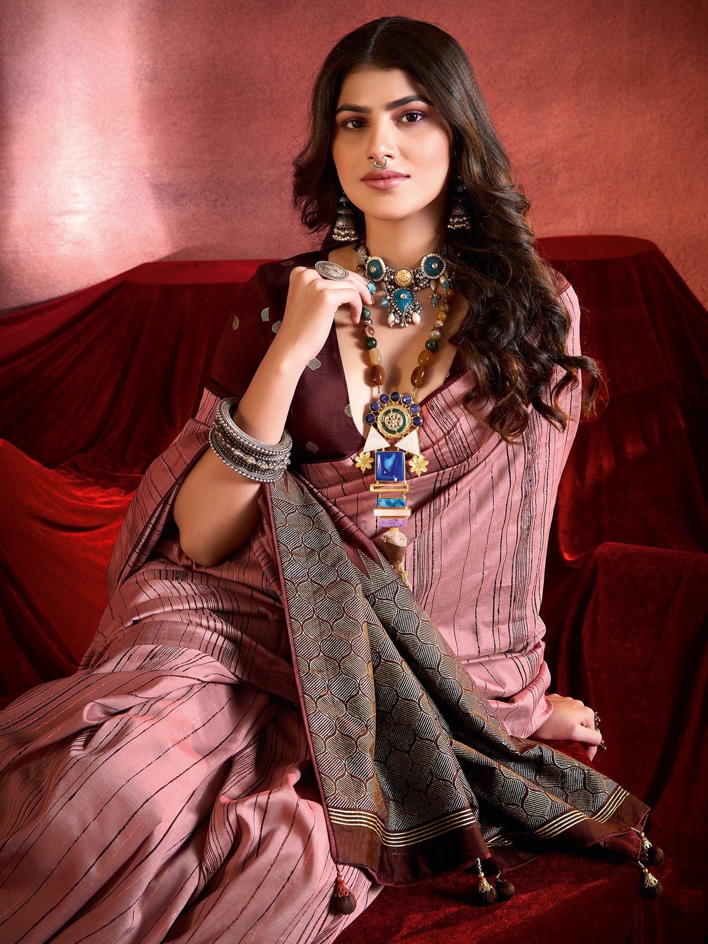 Peach Tussar Tussar Silk Printed Saree