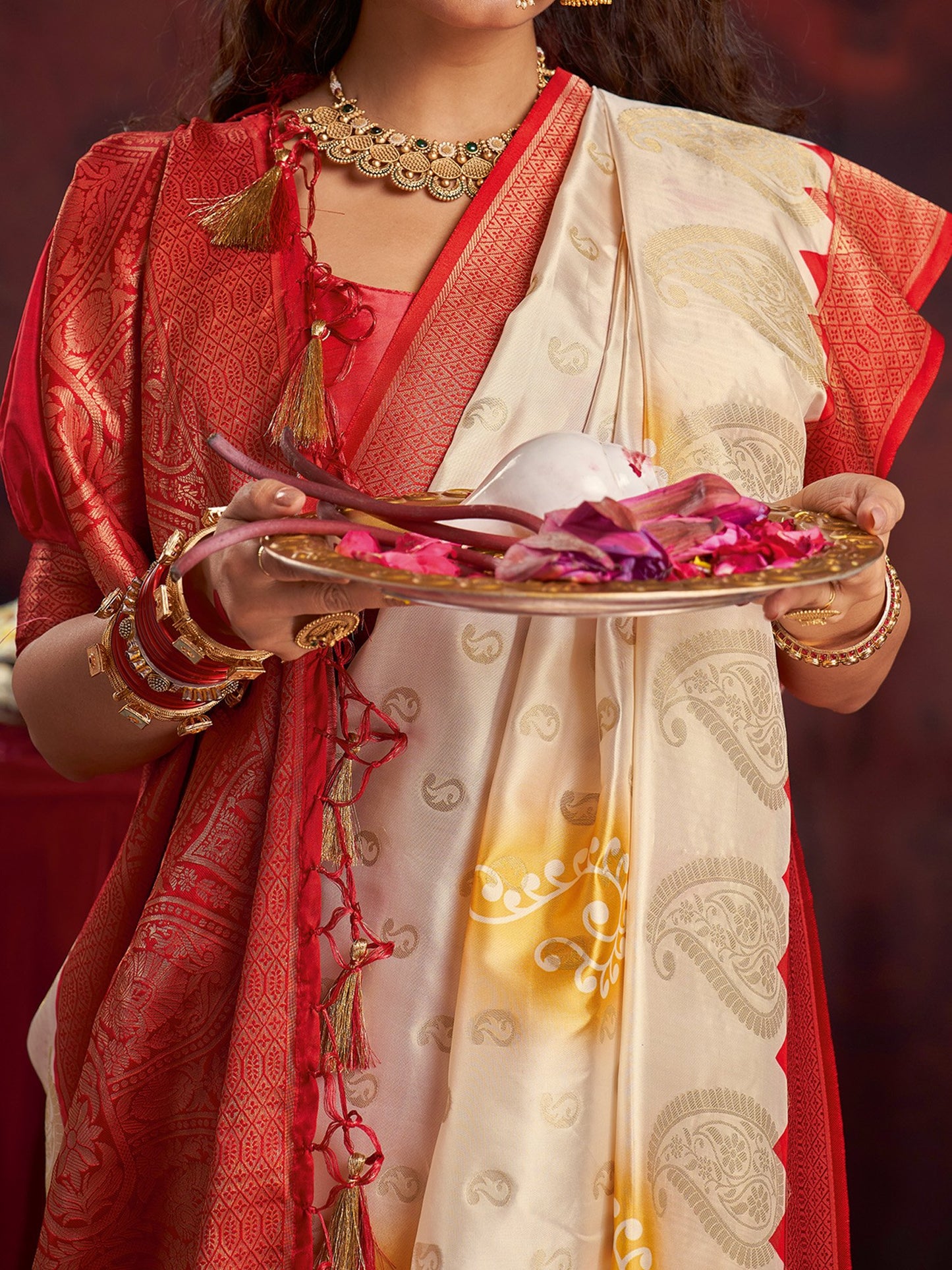 Off Baluchari Satin Silk Woven Saree