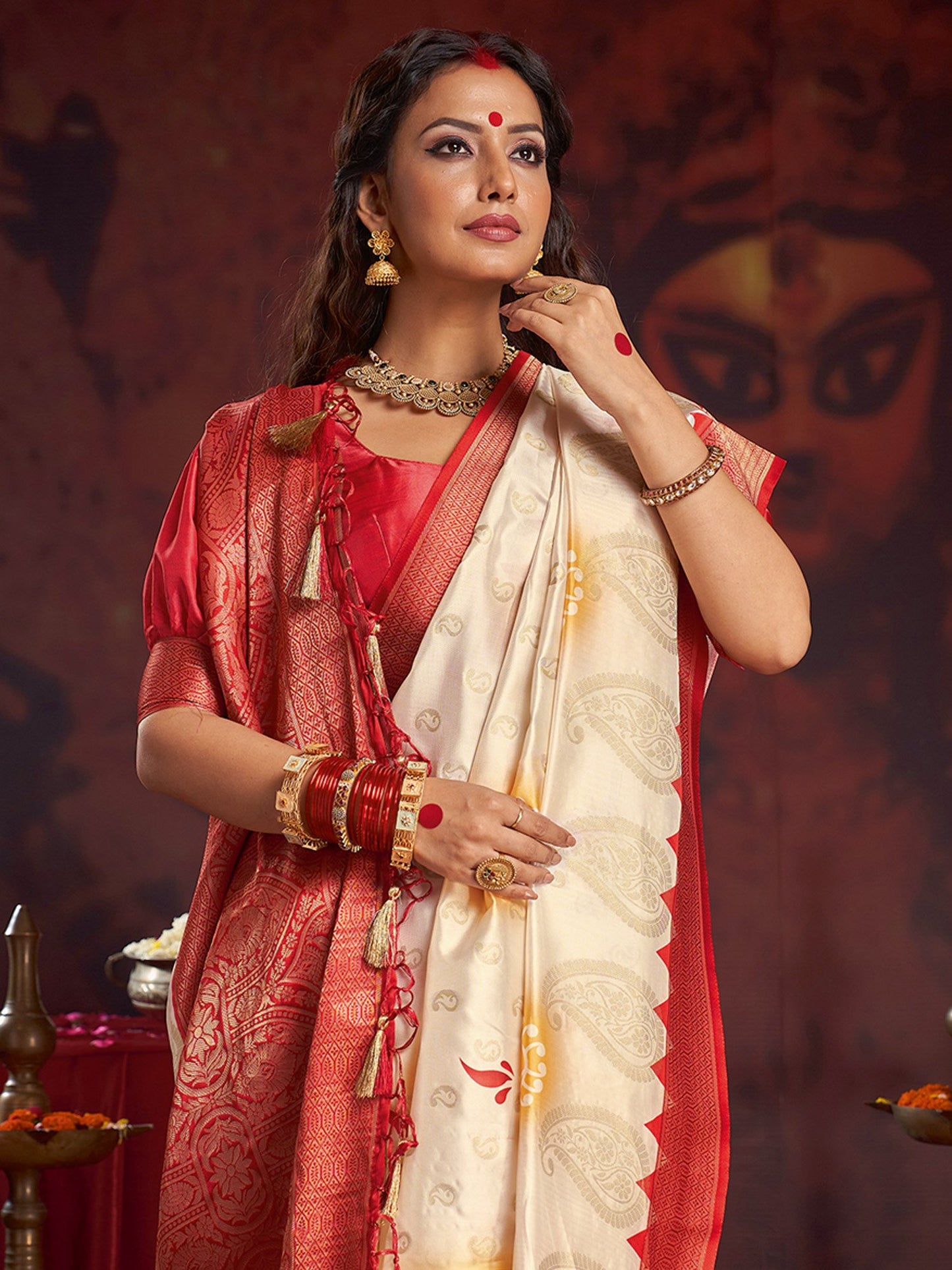 Off Baluchari Satin Silk Woven Saree