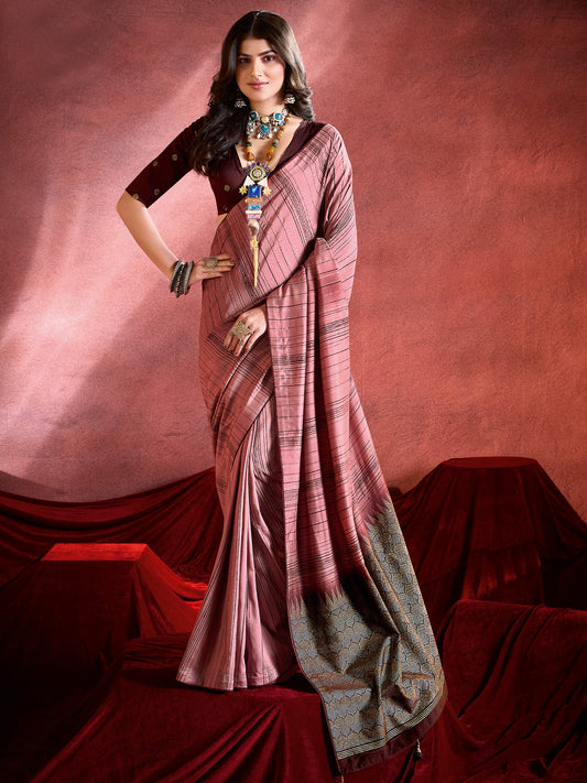 Pink Peach Tussar Tussar Silk Printed Saree