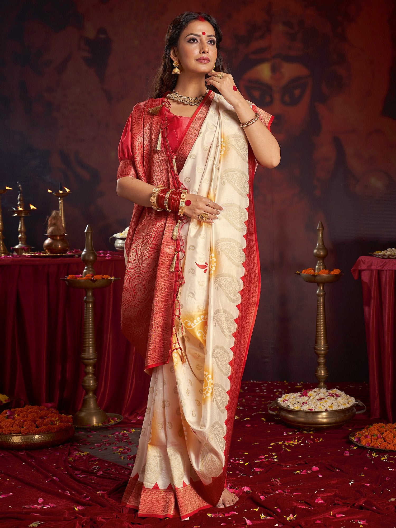 White Off Baluchari Satin Silk Woven Saree