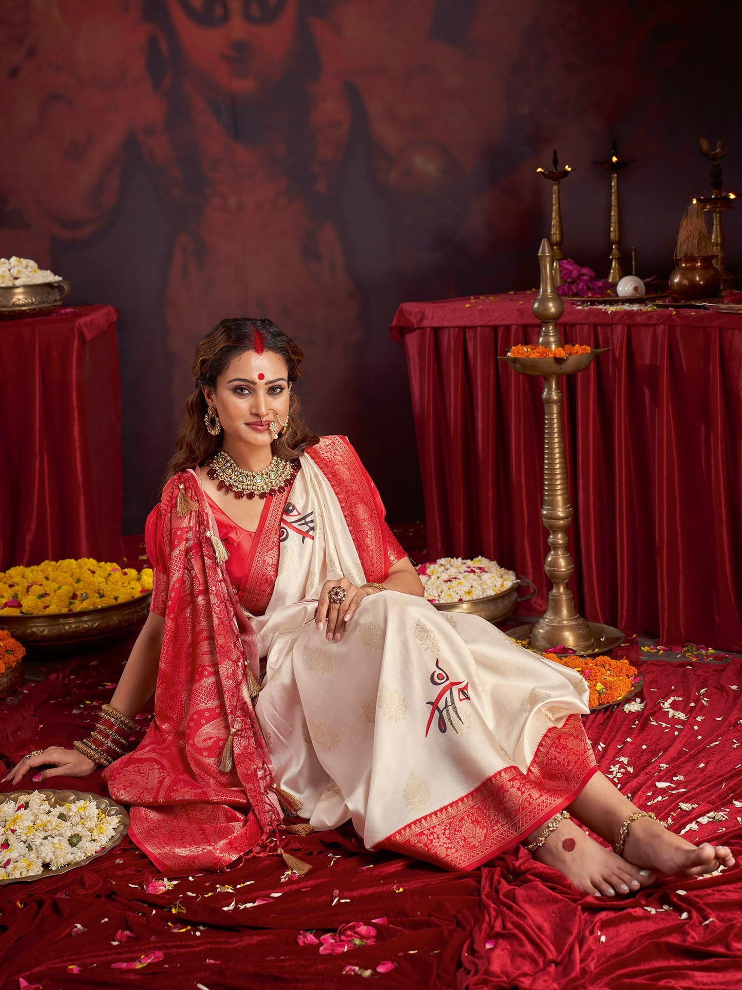 Off Baluchari Satin Silk Woven Saree