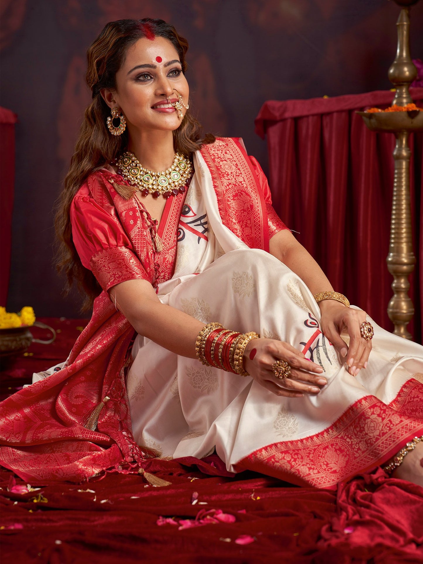 Off Baluchari Satin Silk Woven Saree