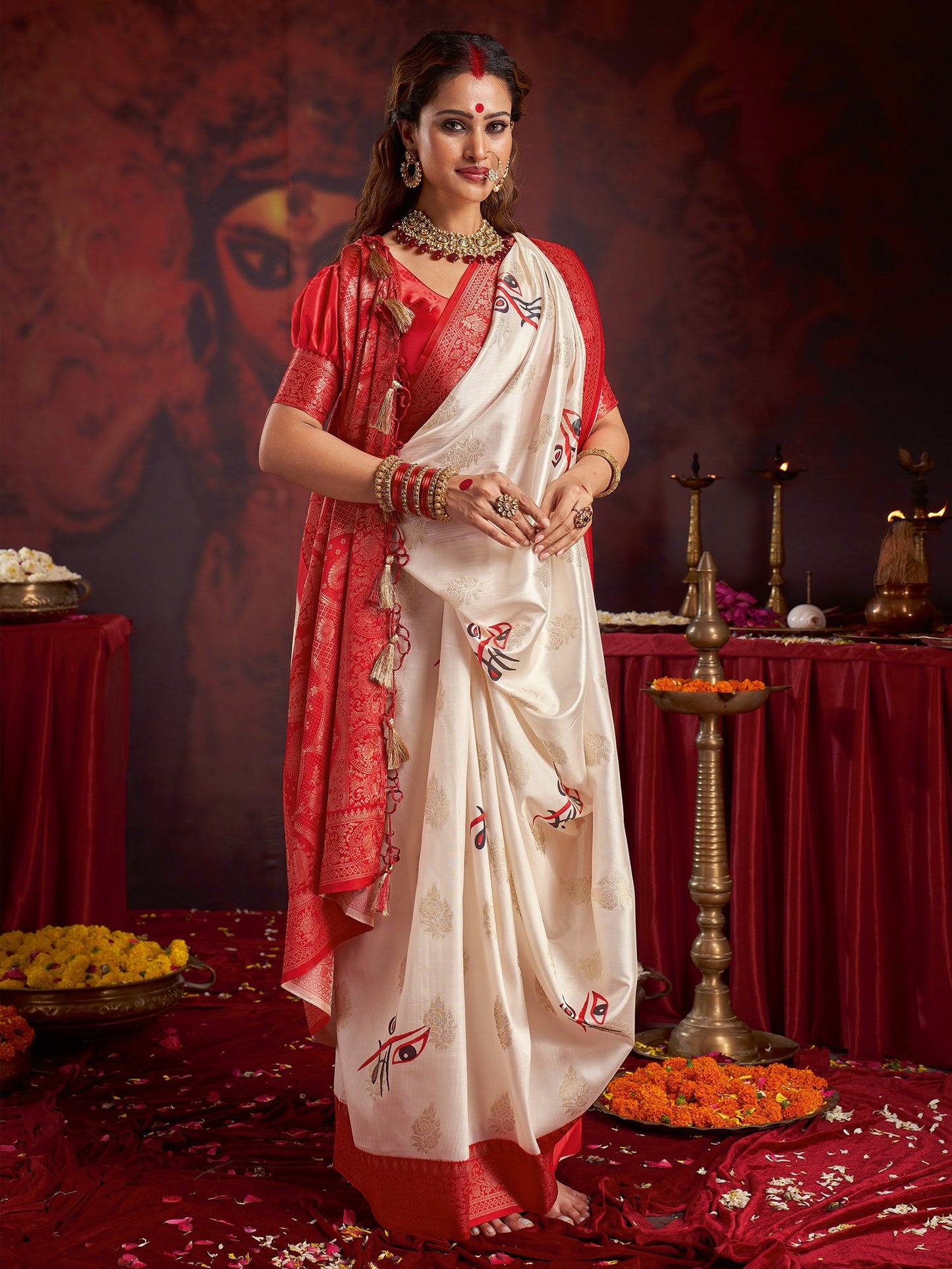 White Off Baluchari Satin Silk Woven Saree
