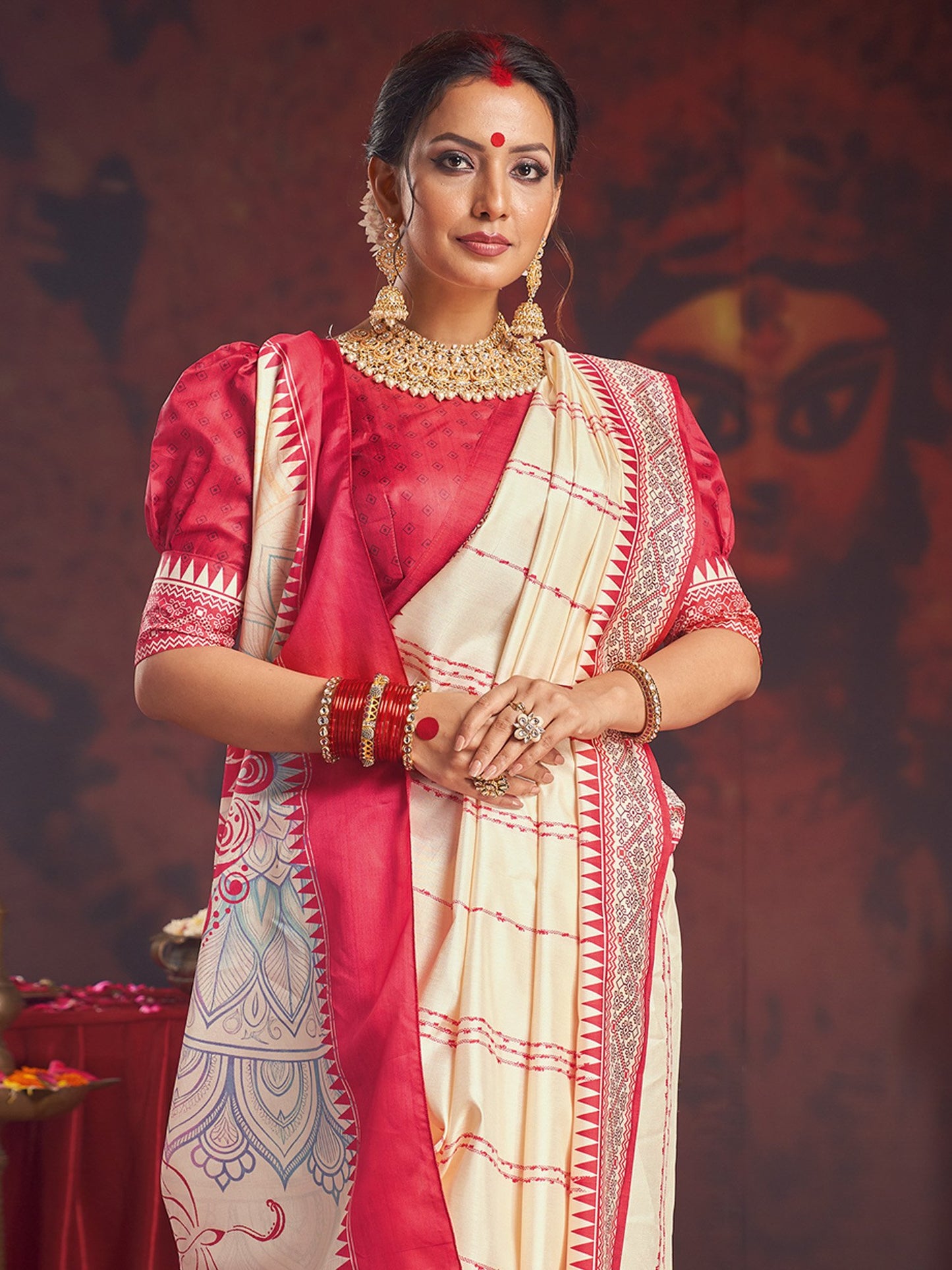 Off Garad Silk Blend Printed Saree
