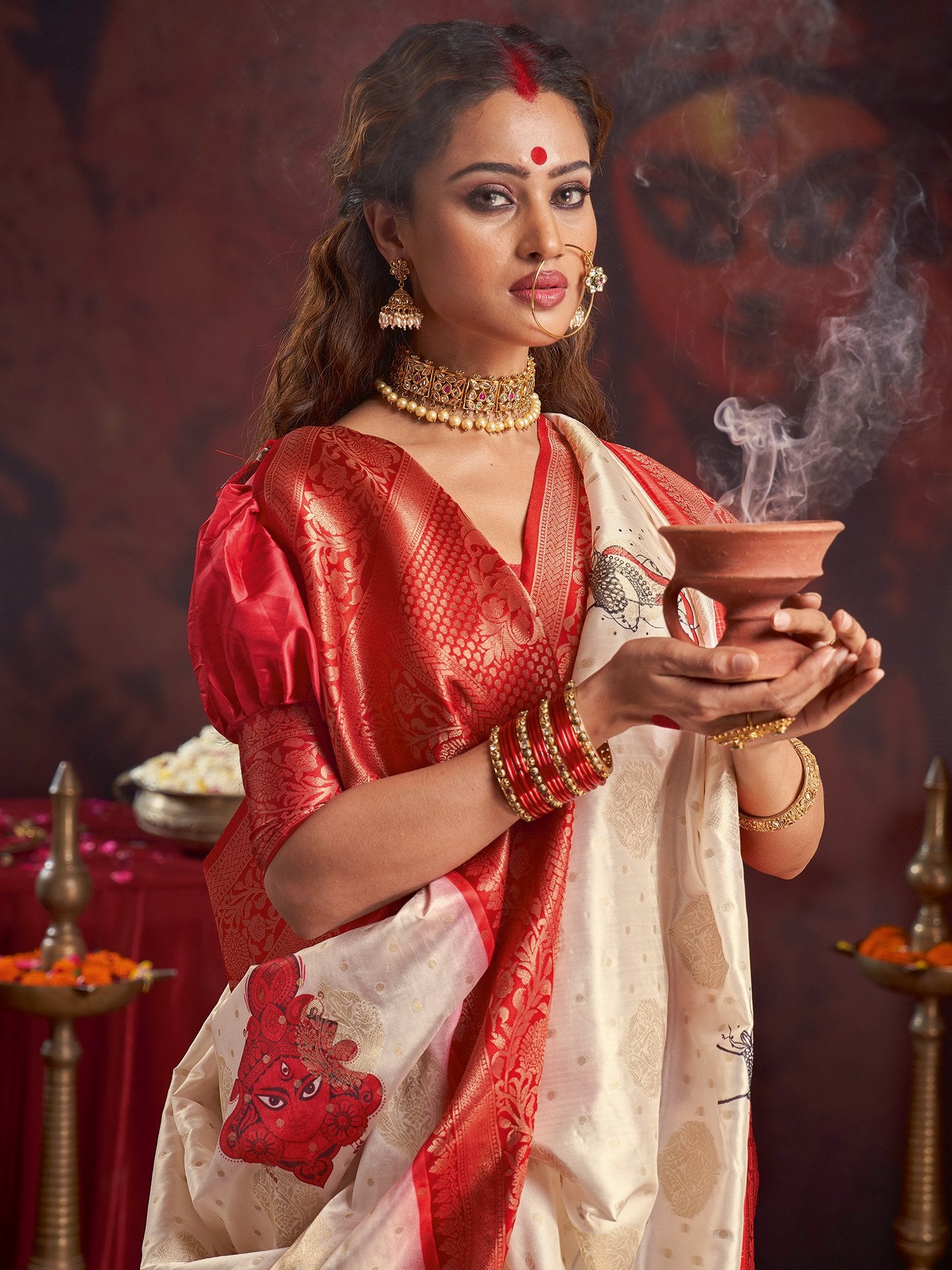 White Off Baluchari Satin Silk Woven Saree