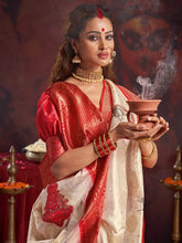 Off White Baluchari Satin Silk Durga Pooja Saree - The Dori Store