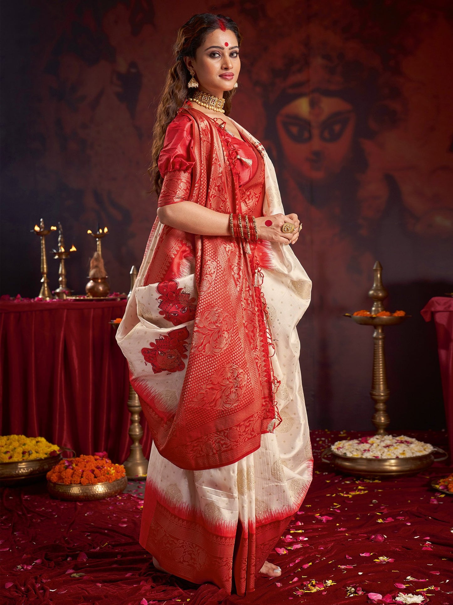 Off Baluchari Satin Silk Woven Saree