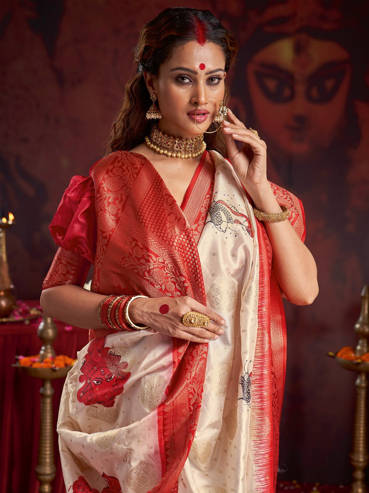 Off Baluchari Satin Silk Woven Saree
