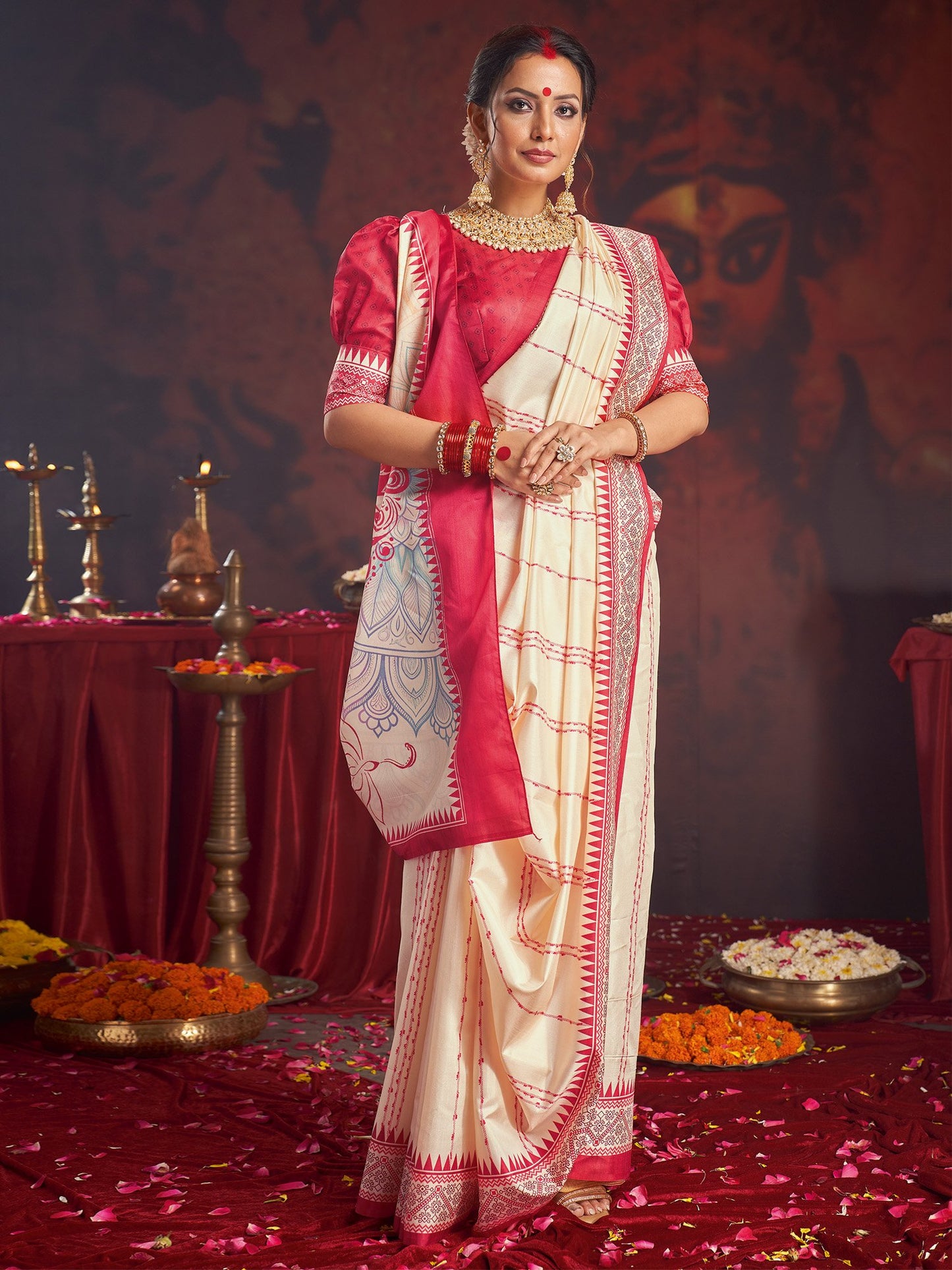 White Off Garad Silk Blend Printed Saree