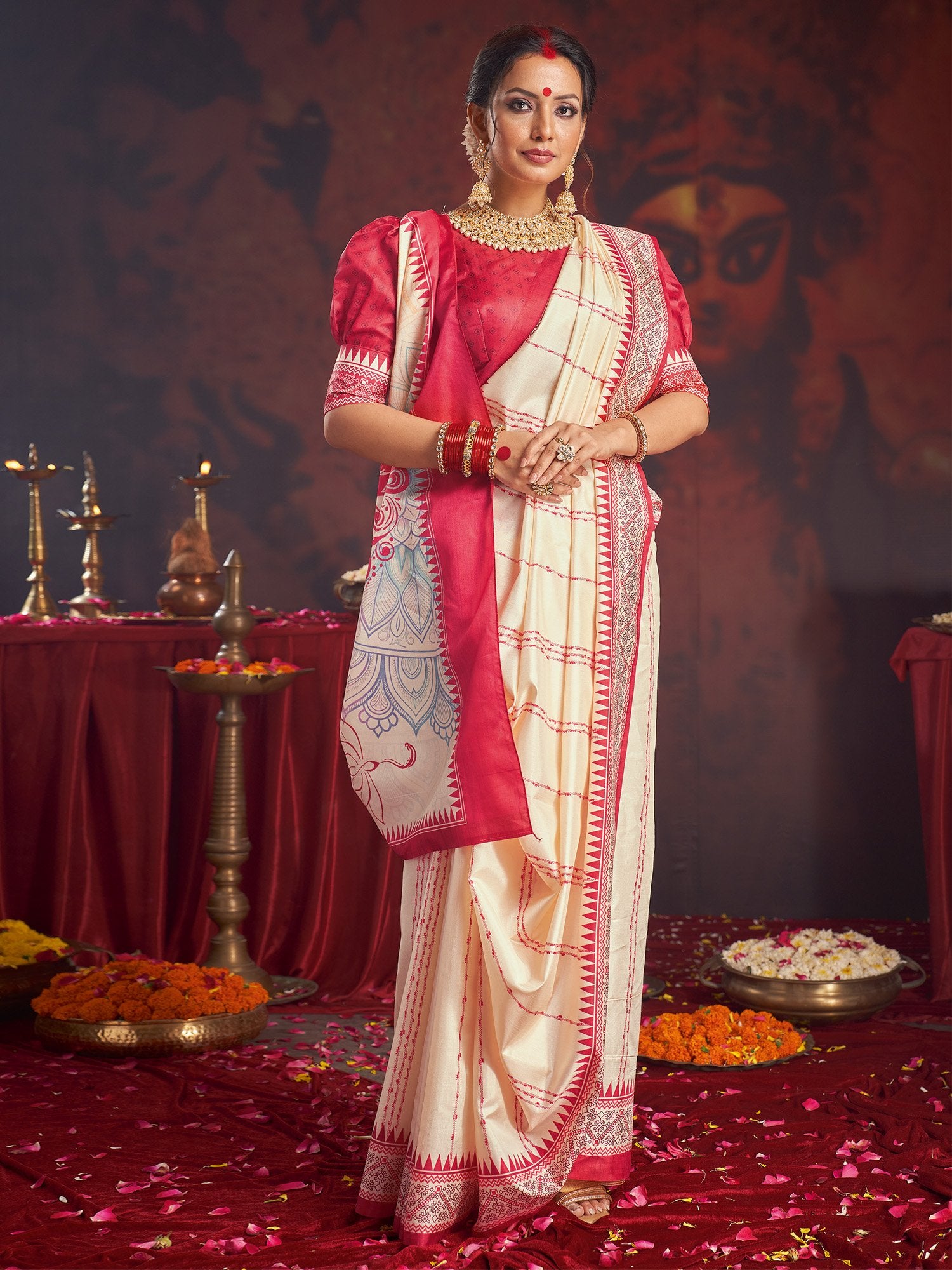 White Off Garad Silk Blend Printed Saree