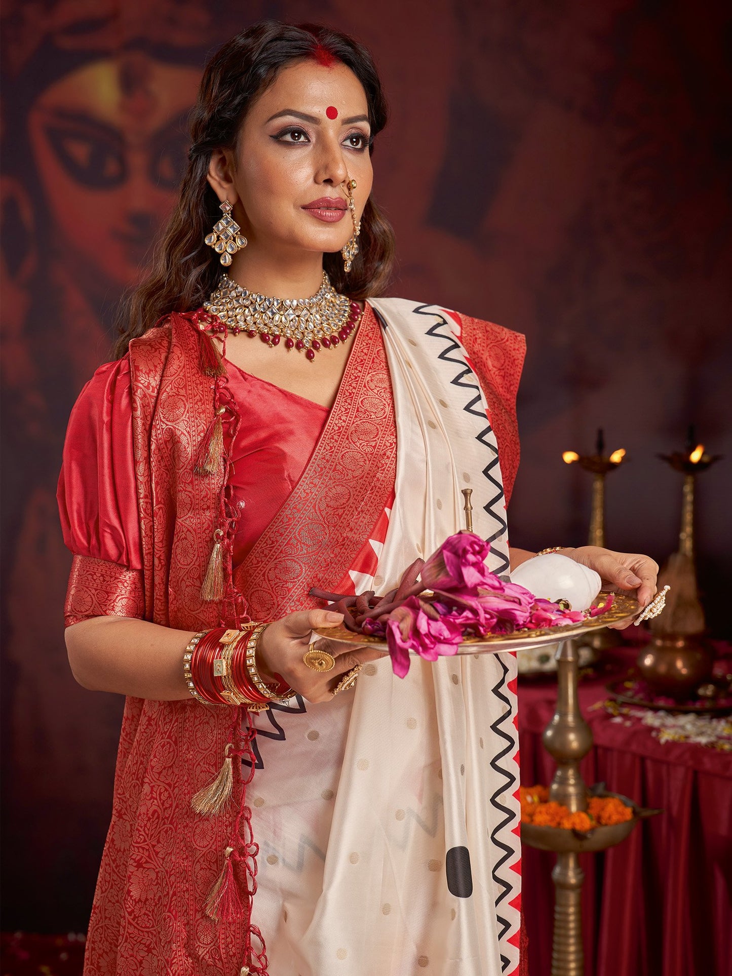 Off Baluchari Satin Silk Woven Saree