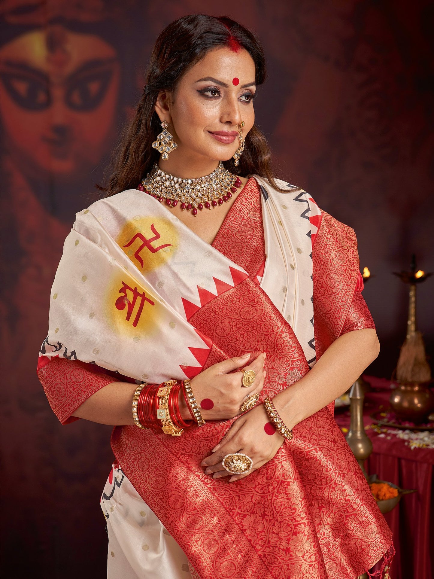Off Baluchari Satin Silk Woven Saree