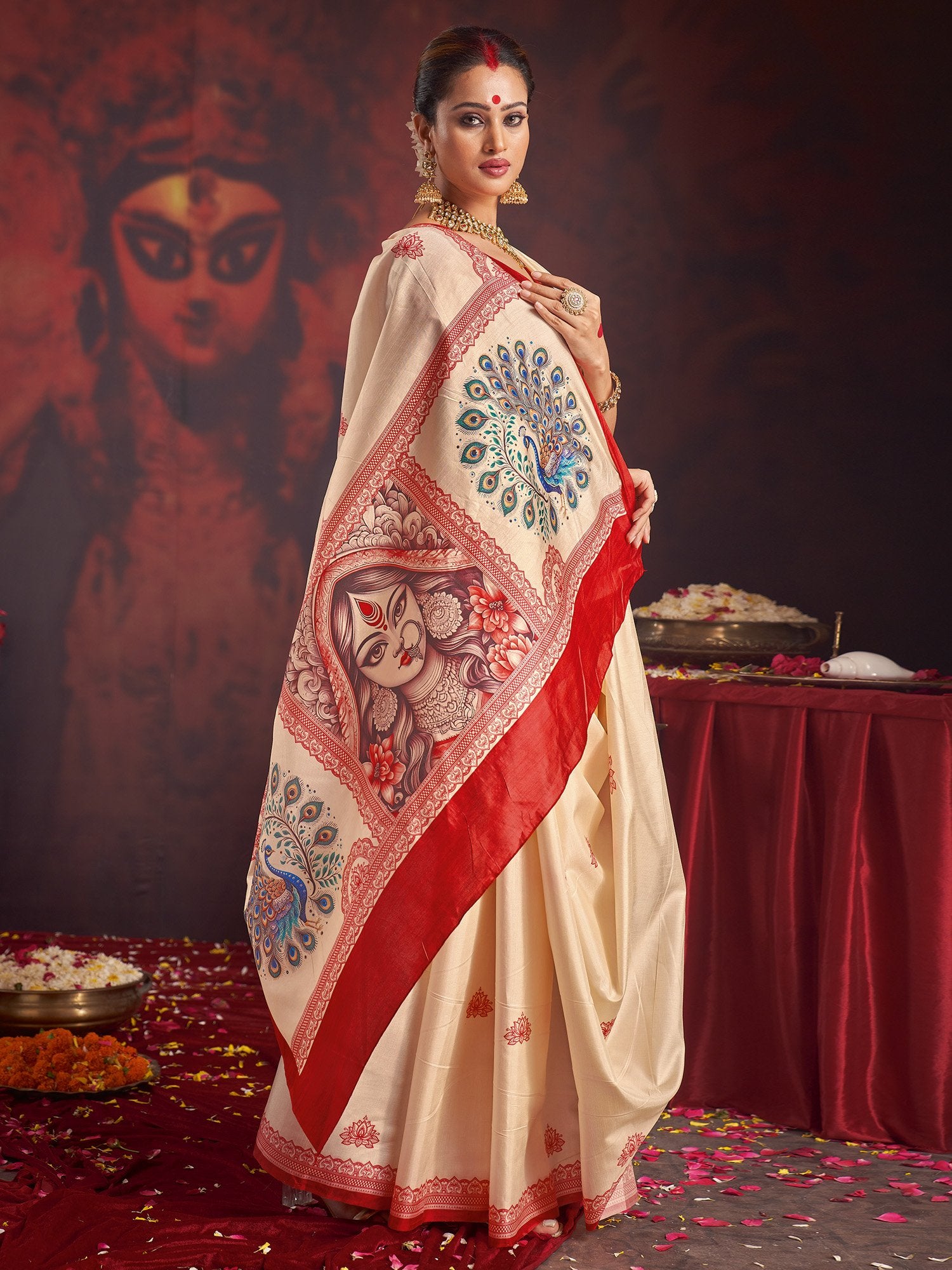 White Off Garad Silk Blend Printed Saree