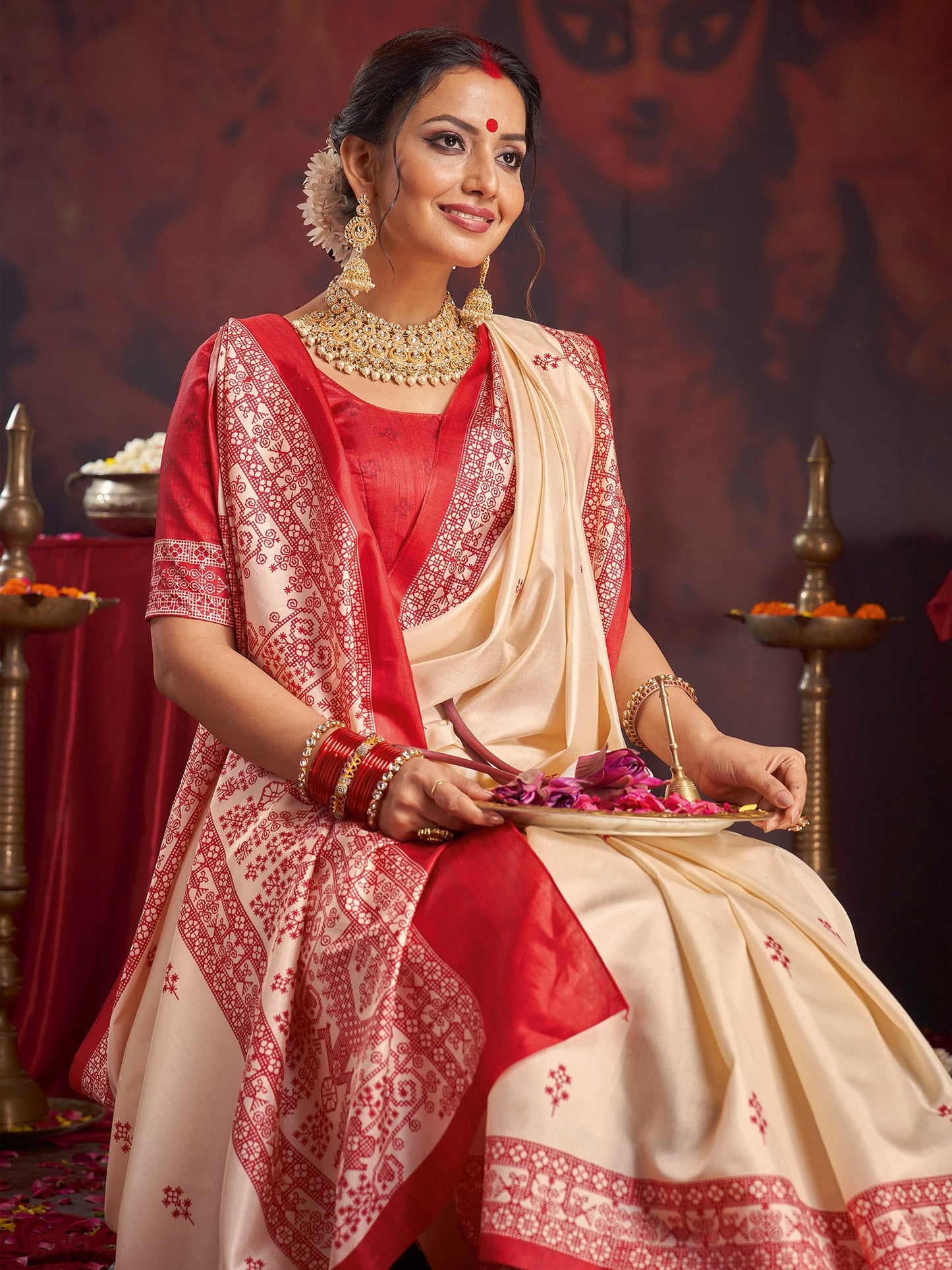 Off Garad Silk Blend Printed Saree