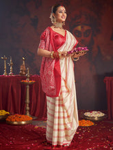 Durga Pooja Off White Garad Silk Blend Printed Saree - The Dori Store