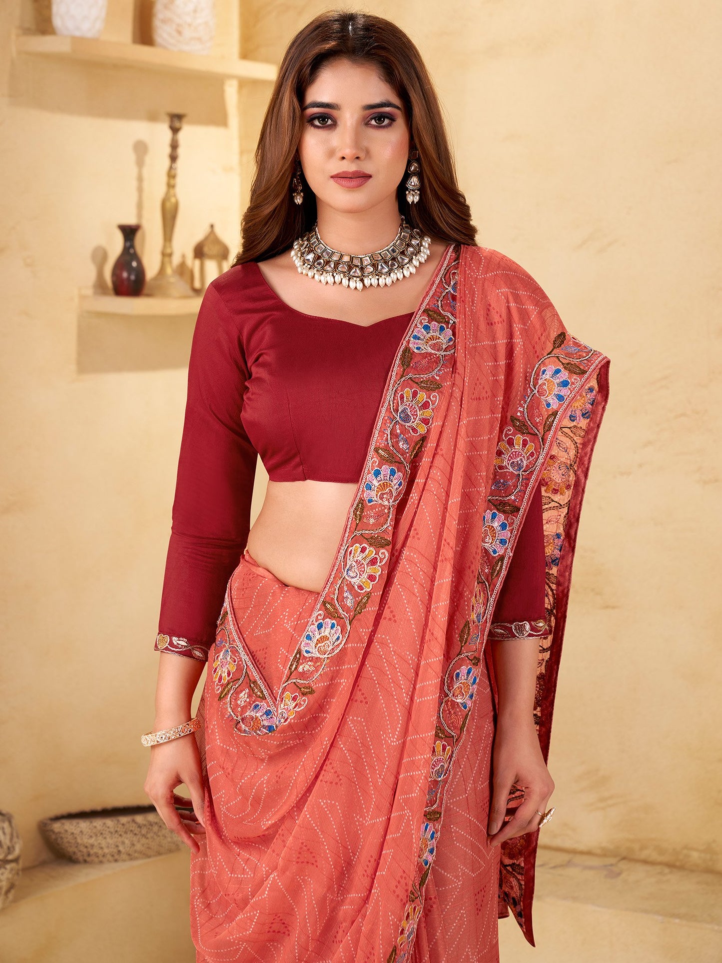 Peach Bandhani Chiffon Embellished Saree