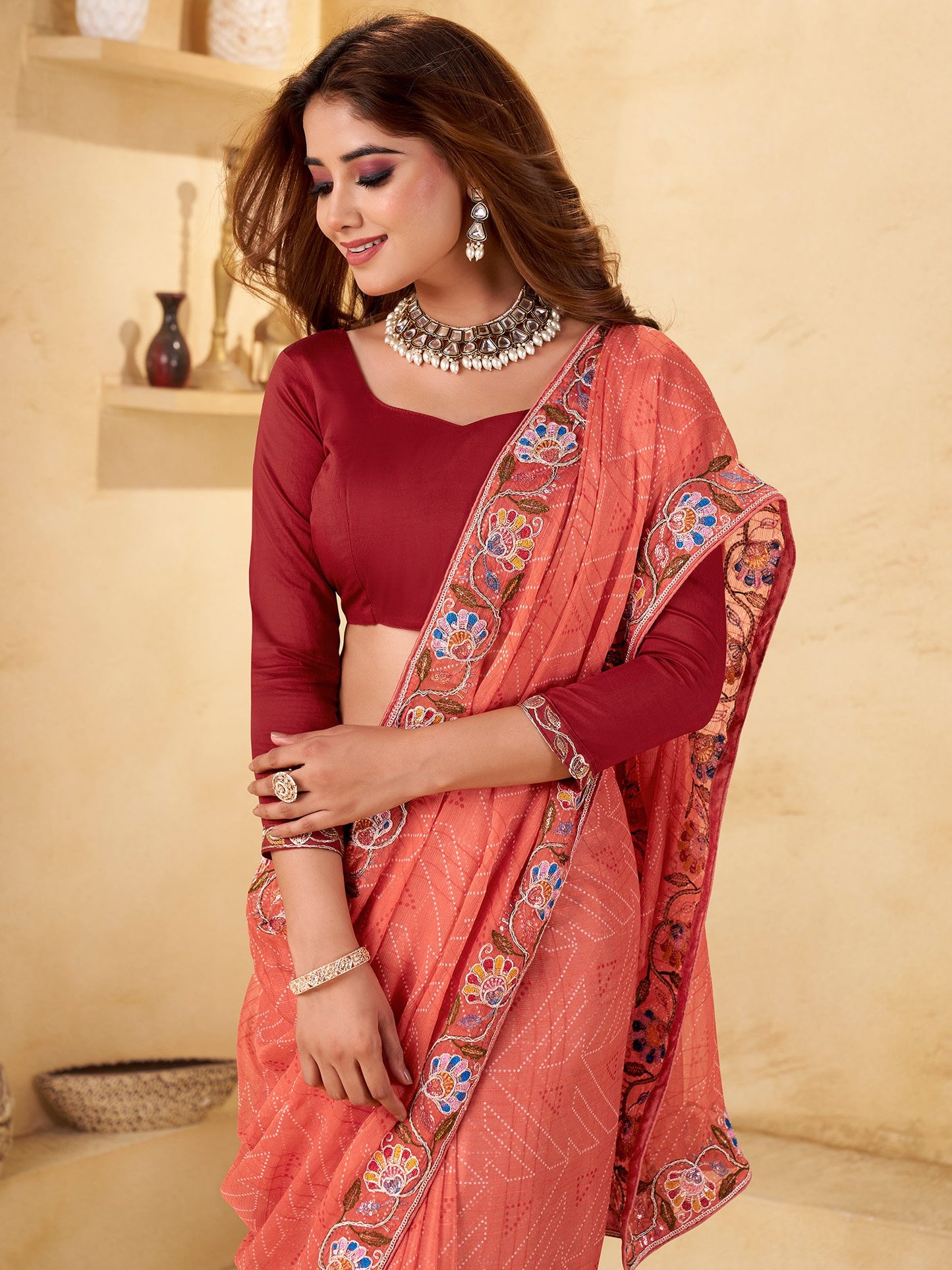 Peach Bandhani Chiffon Embellished Saree