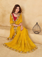 Yellow Bandhani Chiffon Embellished Saree - The Dori Store
