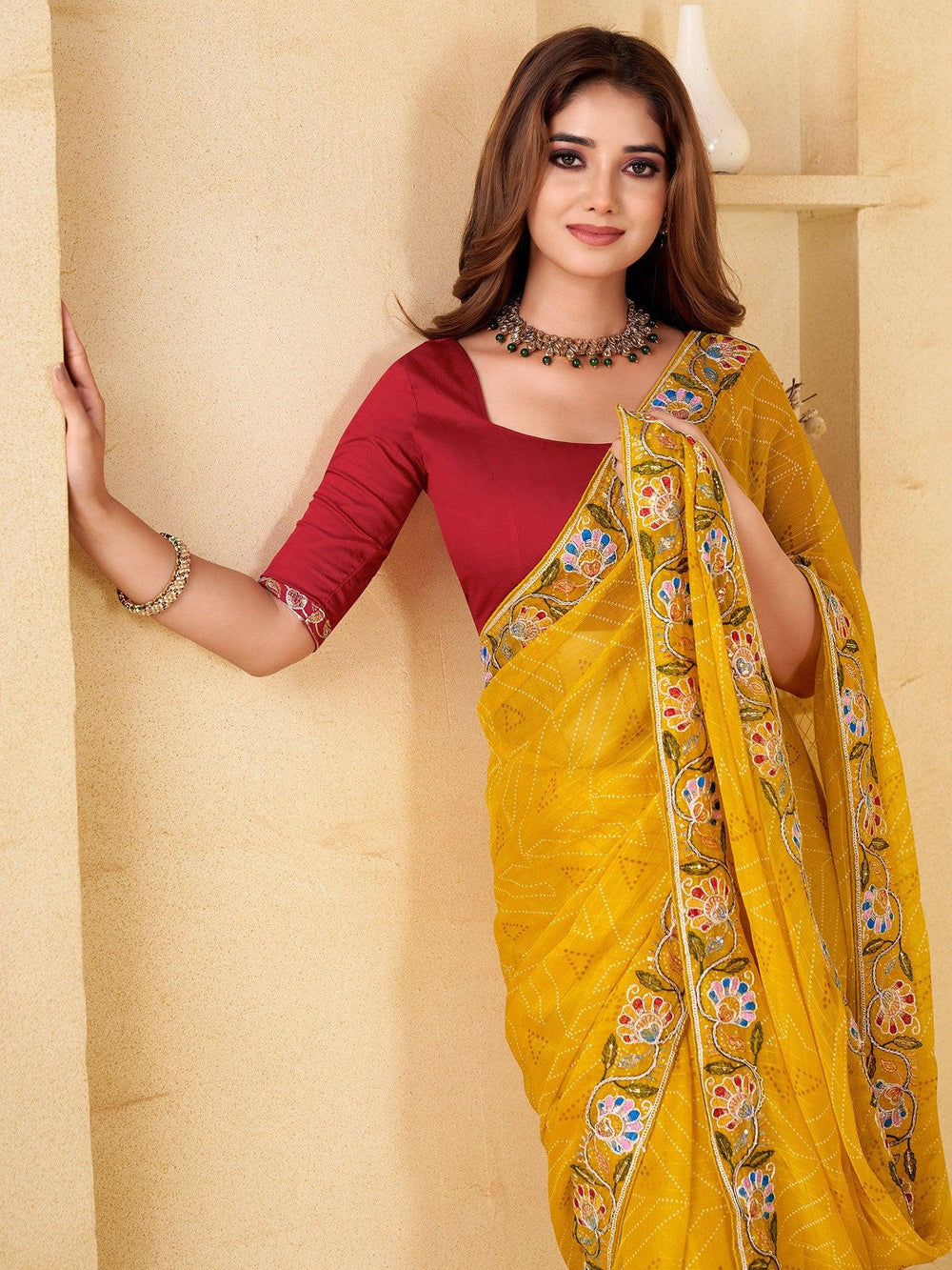 Yellow Bandhani Chiffon Embellished Saree - The Dori Store