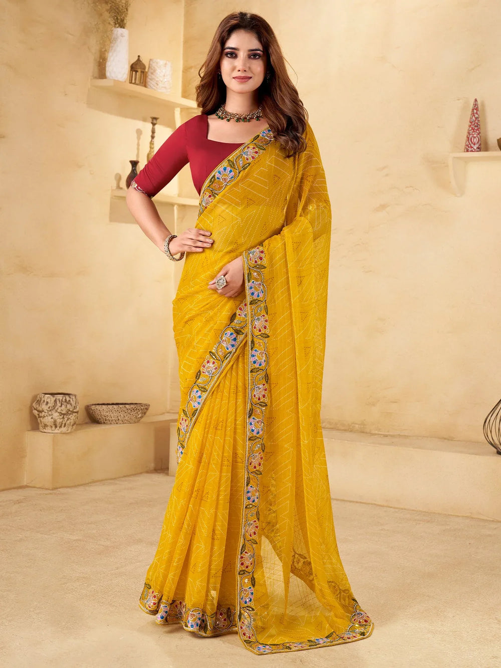 Yellow Bandhani Chiffon Embellished Saree - The Dori Store