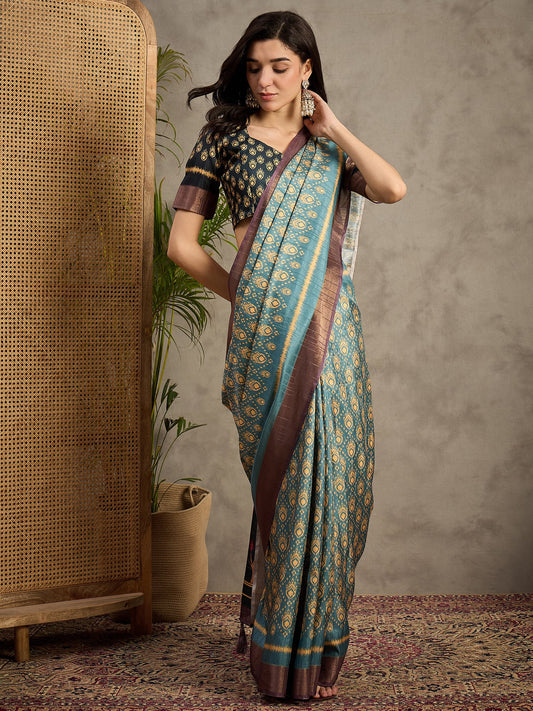 Blue Light Banarasi Silk Blend Printed Saree
