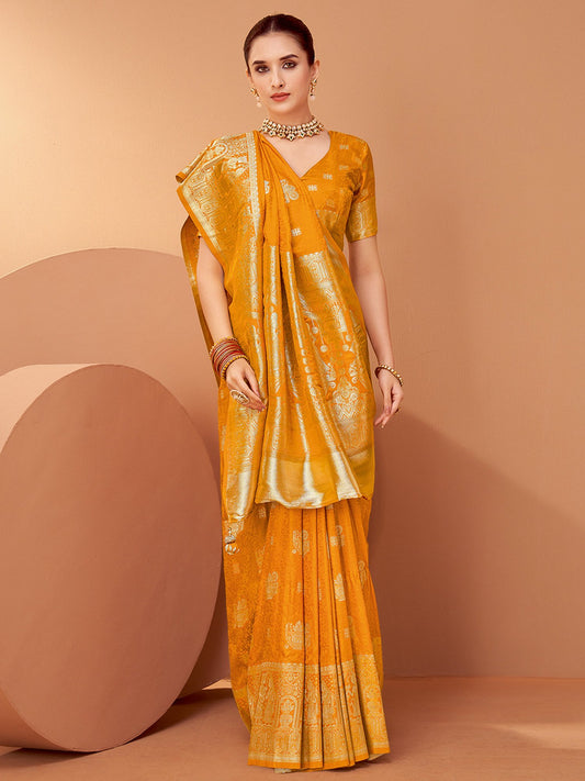 Yellow Mustard Banarasi Satin Silk Woven Saree