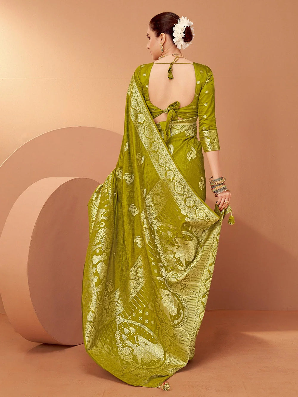 Olive Banarasi Satin Silk Woven Saree - The Dori Store