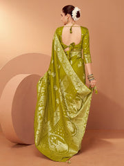 Olive Banarasi Satin Silk Woven Saree - The Dori Store
